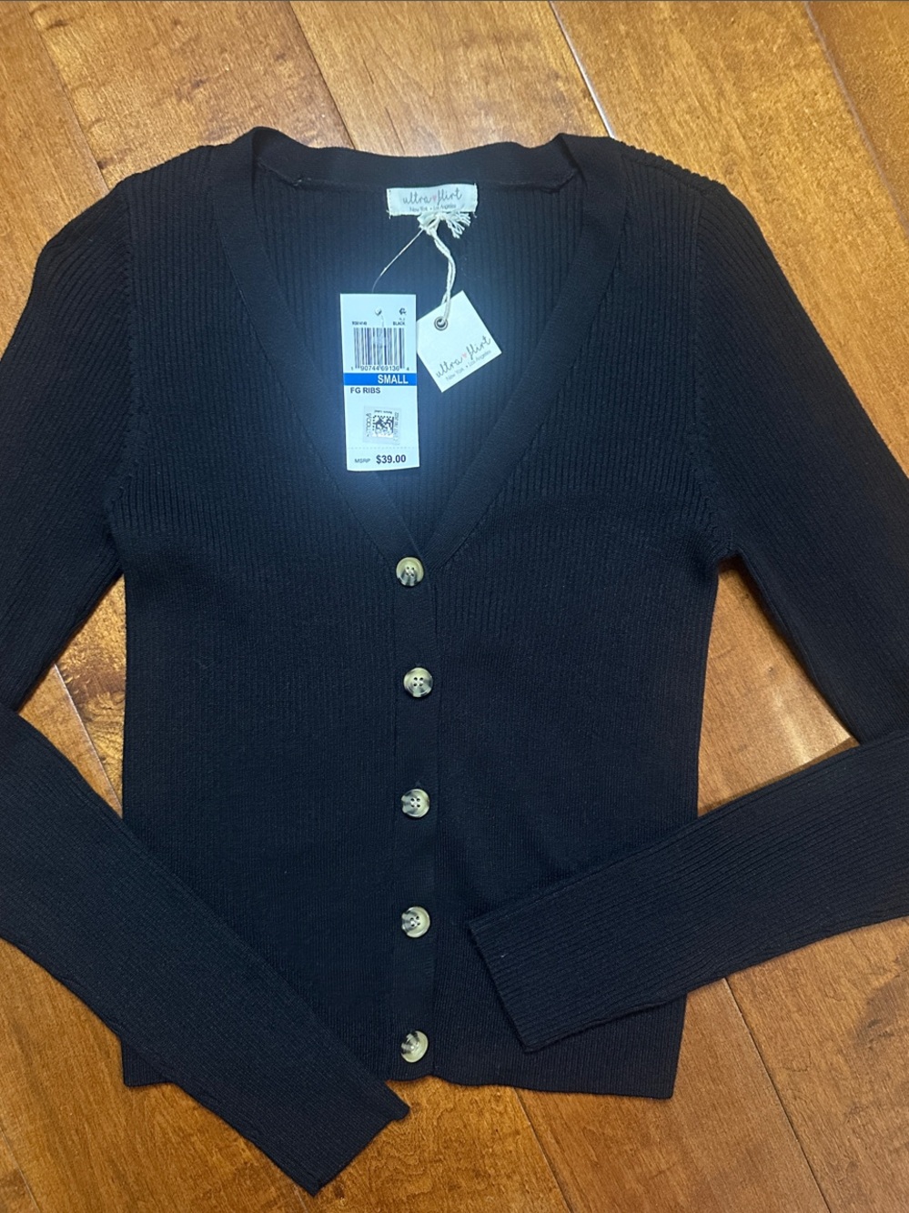 Ultra Flirt Black Ribbed V-Neck Button Cardigan